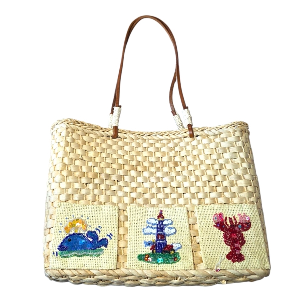 QVC Quacker Factory Corn Husk Straw Purse Leather Handle Sea Life Nautical New